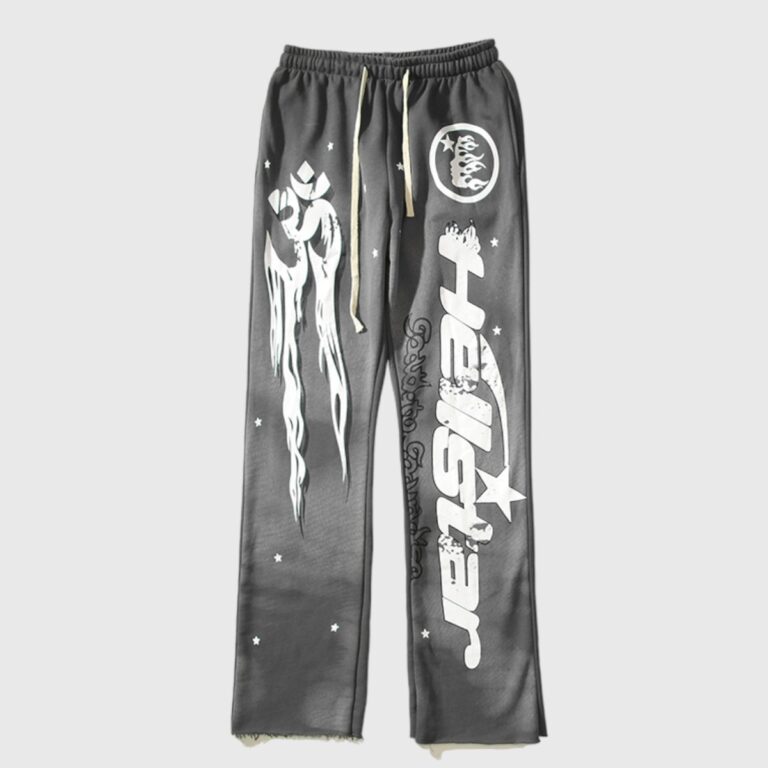 Hellstar Studios Racer Flare Sweatpants in jet black with white screen-printed motorsport graphics and a flared leg cut.