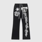 Black Hellstar Studios Racer sweatpants featuring graphic screen print designs and a drawstring waistband closure.
