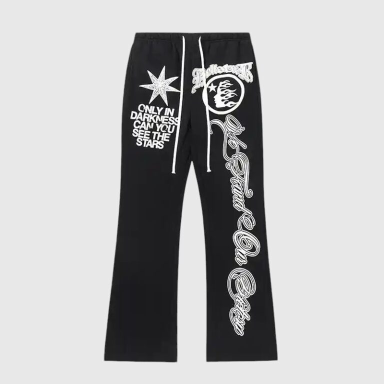 Black Hellstar Studios Racer sweatpants featuring graphic screen print designs and a drawstring waistband closure.