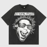 Hellstar Studios Rage black vintage washed tee with electrified face wearing headphones and bold white logo and text