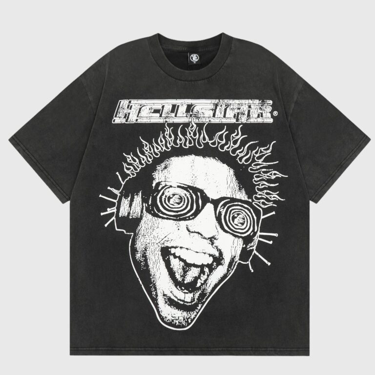 Hellstar Studios Rage black vintage washed tee with electrified face wearing headphones and bold white logo and text