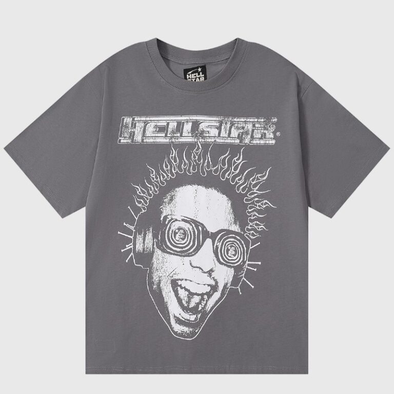 Hellstar Studios Rage T‑shirt dark grey with distressed electrified face graphic wearing headphones and Hellstar logo