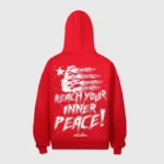 Back view of a red Hellstar Studios hoodie with Reach Your Inner Peace graphic and star details on the back.