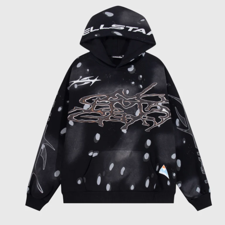 Hellstar Studios Records black hoodie featuring bold artistic graphics and logo branding on a comfortable streetwear style.