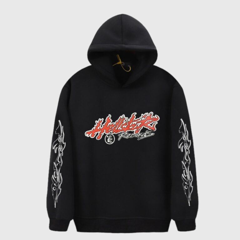 Front view of the premium black Hellstar Studios Records hoodie featuring distinctive red and white flame graphic prints.
