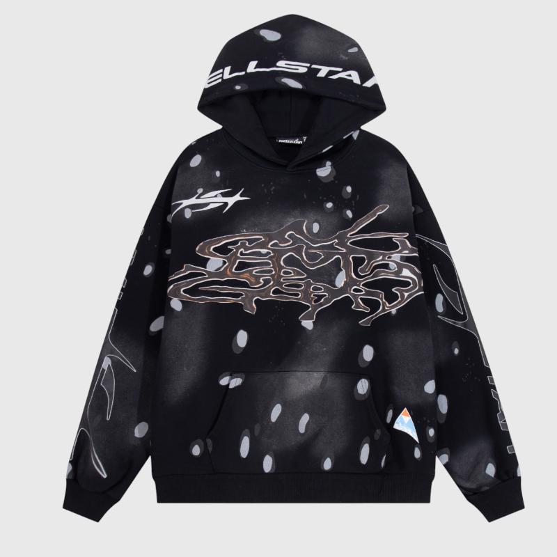 Hellstar Studios Records black hoodie featuring bold artistic graphics and logo branding on a comfortable streetwear style.