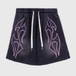 Hellstar Studios Records black shorts featuring premium vintage washed fabric and bold pink cosmic graphic screen prints.