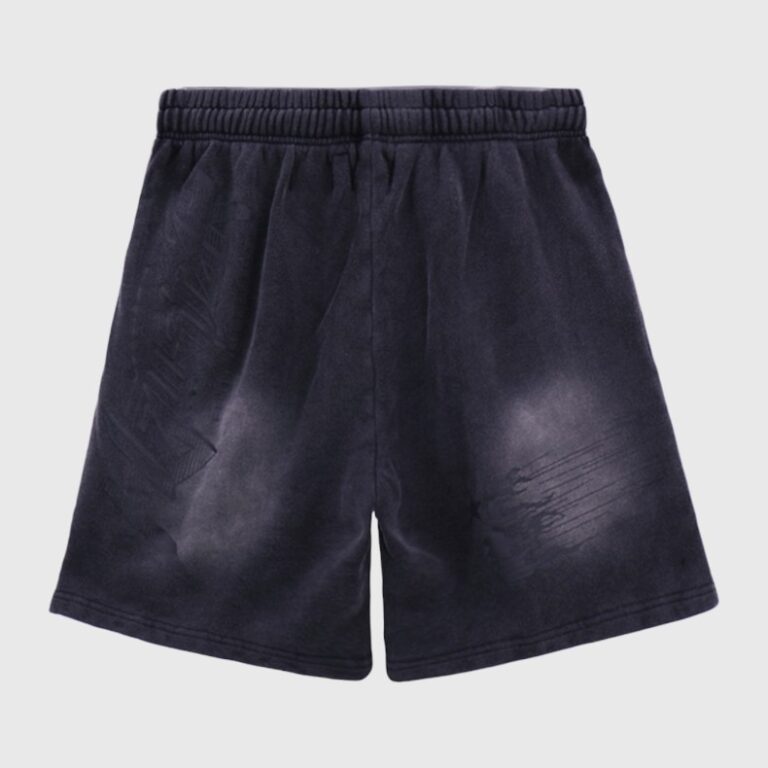 Black Hellstar Studios Records shorts featuring a vintage-washed aesthetic and a relaxed streetwear fit for men.