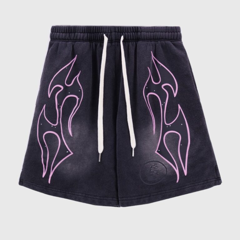 Hellstar Studios Records black shorts featuring premium vintage washed fabric and bold pink cosmic graphic screen prints.