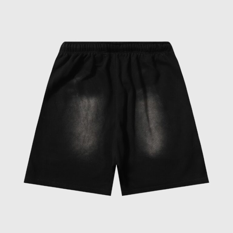 Back view of the Hellstar Studios Records black shorts with a vintage washed finish and elasticized waistband.