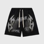 Hellstar Studios Records black streetwear shorts with graphic screen print, drawstring closure, and relaxed fit.