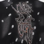 Detailed view of the custom graphic print on the black Hellstar Studios Records premium cotton tracksuit piece.