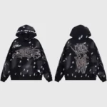 The front and back view of the black Hellstar Studios Records hoodie featuring detailed street-style graphic prints.