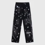 Front view of the Hellstar Studios Records black tracksuit pants featuring a unique graphic print and drawstring waist.