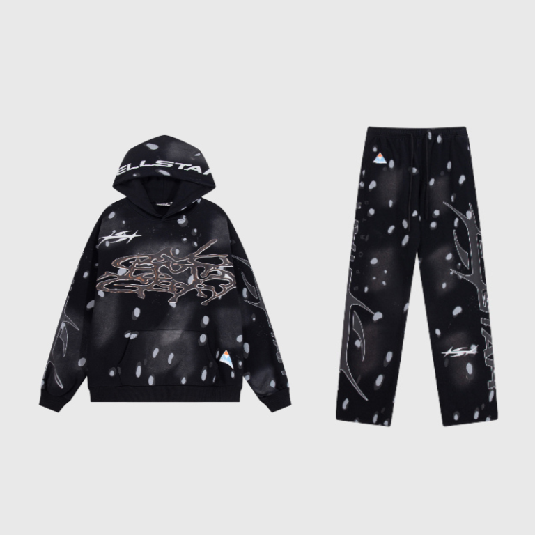Hellstar Studios Records black tracksuit set featuring a graphic print hoodie and matching joggers for urban streetwear.