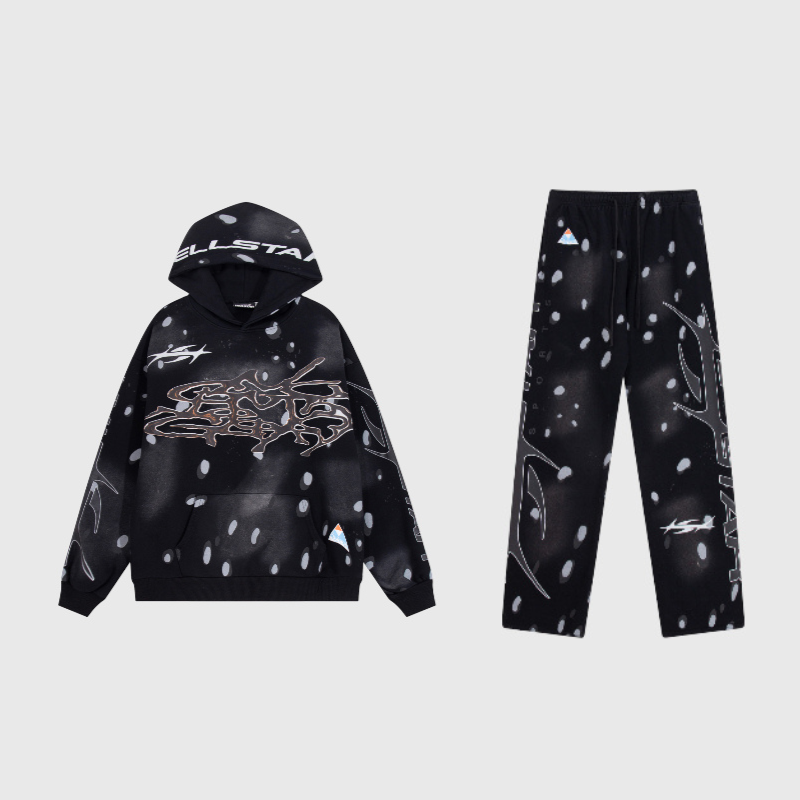 Hellstar Studios Records black tracksuit set featuring a graphic print hoodie and matching joggers for urban streetwear.