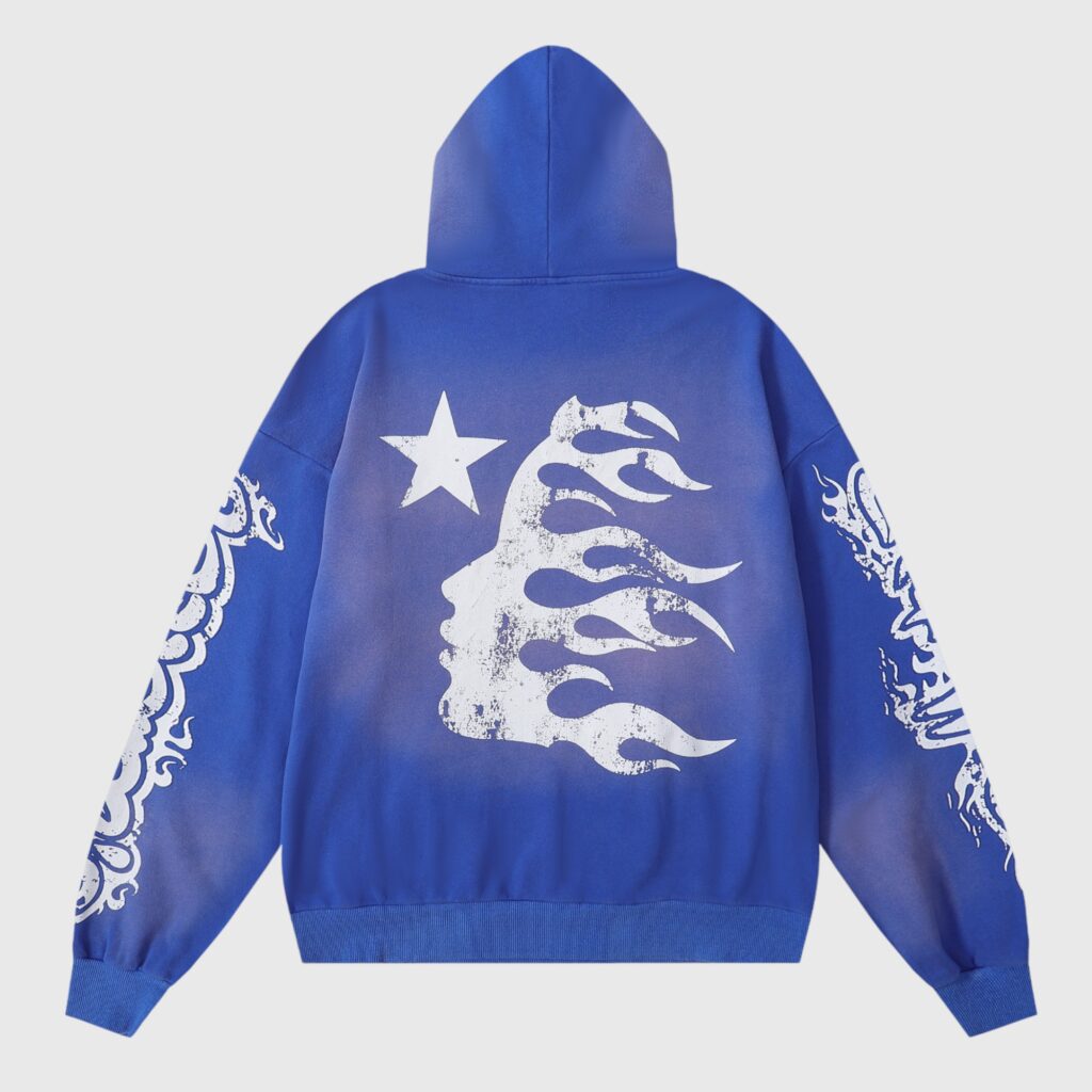 Blue Hellstar Studios Records Yoga Hoodie featuring a white distressed graphic print of a star and face on the back.
