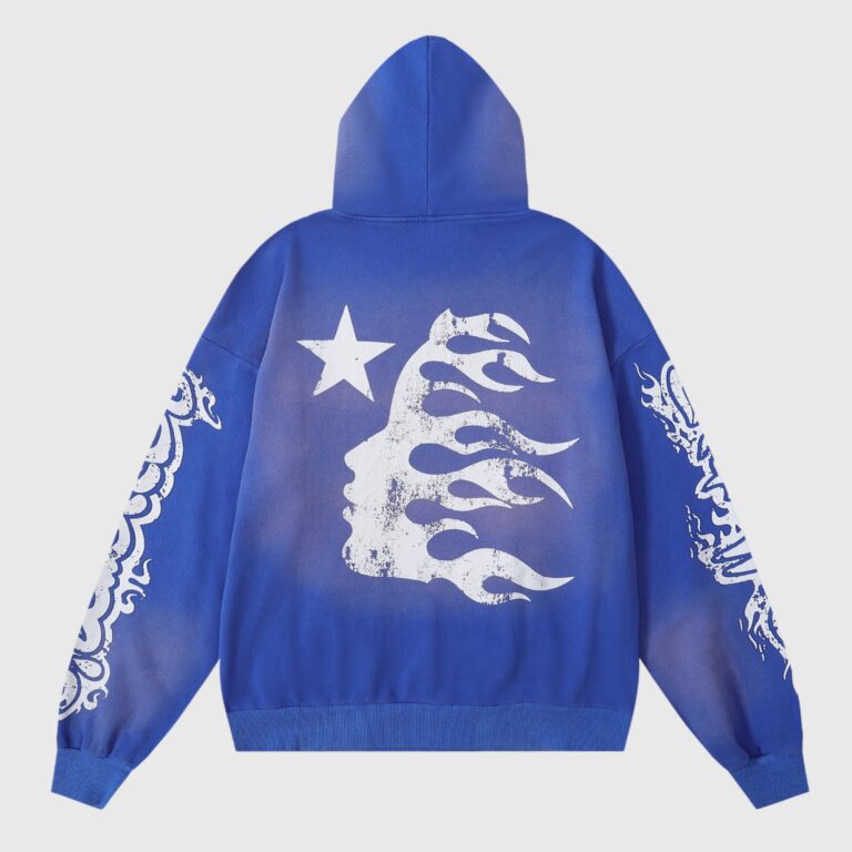 Blue Hellstar Studios Records Yoga Hoodie featuring a white distressed graphic print of a star and face on the back.