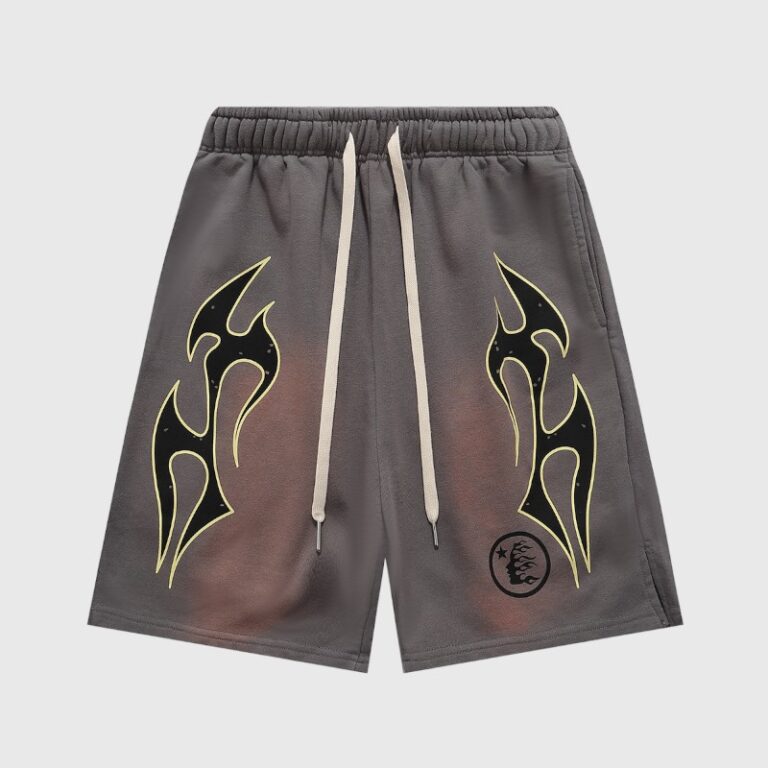 Vintage brown Hellstar Studios Records shorts with screen-printed graphic designs and an adjustable drawstring.