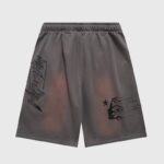 Hellstar Studios Records grey streetwear shorts featuring vintage wash, elastic drawstring waist, and star logo graphics.
