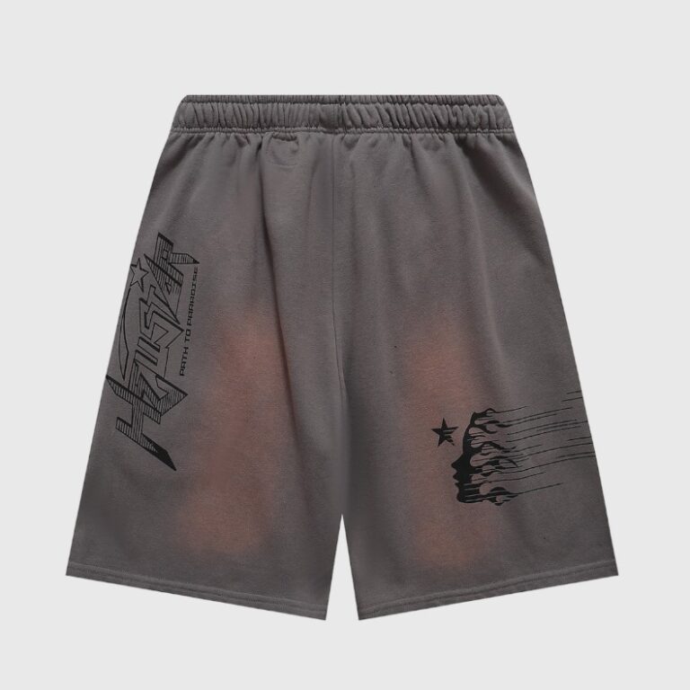 Hellstar Studios Records grey streetwear shorts featuring vintage wash, elastic drawstring waist, and star logo graphics.