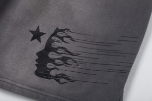 Hellstar Studios Records jet black shorts featuring a detailed star and motion graphic screen print on fleece fabric.