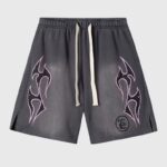 Hellstar Studios Records jet black vintage wash streetwear shorts with side flame graphics and drawstring waistband