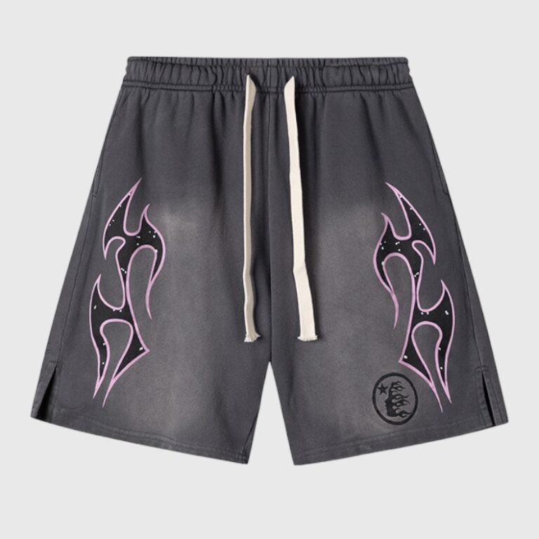 Hellstar Studios Records jet black vintage wash streetwear shorts with side flame graphics and drawstring waistband