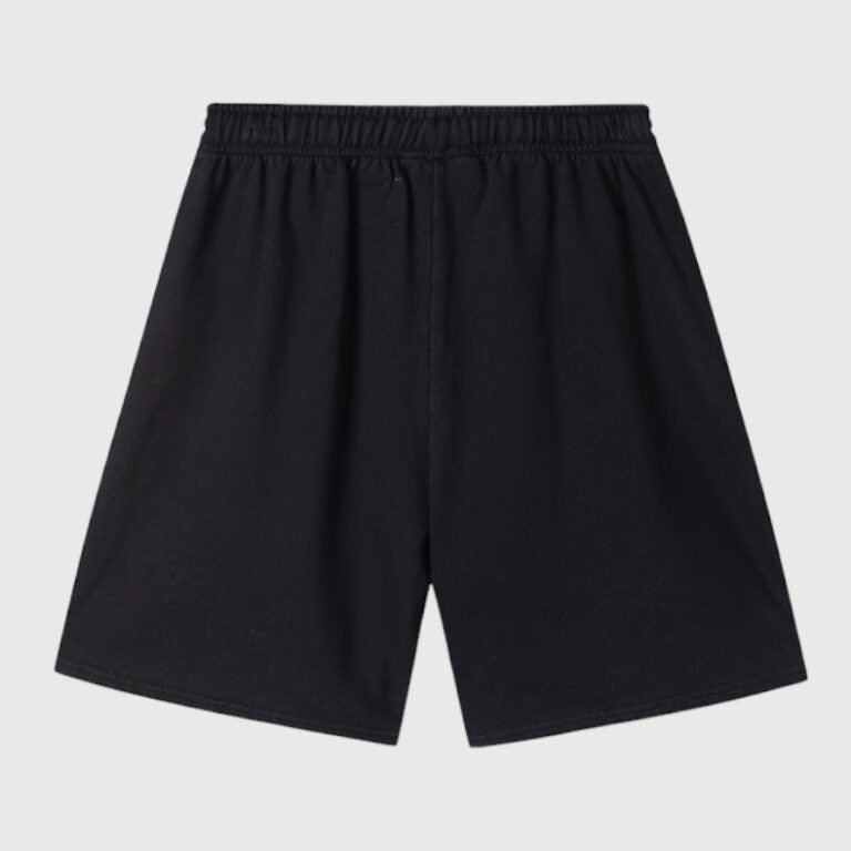 Back view of Hellstar Studios Records black streetwear shorts with an elastic drawstring waist and relaxed fit.