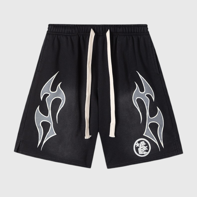 Hellstar Studios Records Shorts Black Hellstar Studios Records black shorts with flame graphics and drawstring waist in a vintage washed streetwear style.