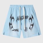 Light blue Hellstar Studios Records shorts featuring bold black graphic screen prints and a drawstring waistband.