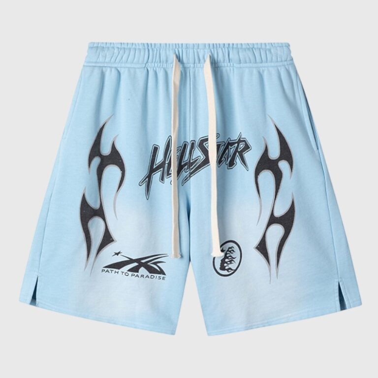 Light blue Hellstar Studios Records shorts featuring bold black graphic screen prints and a drawstring waistband.