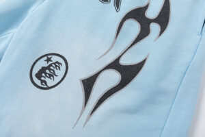 Light blue Hellstar Studios Records shorts featuring signature distressed flame and star graphic screen print detail.