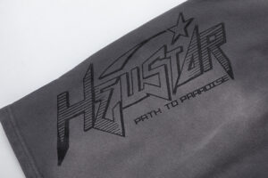 Hellstar Studios Records shorts in jet black featuring the Path To Paradise logo graphic print on the fabric surface.