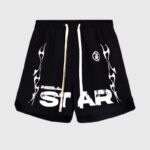 Hellstar Studios Records black star graphic shorts featuring a relaxed fit, drawstring waist, and distressed print.