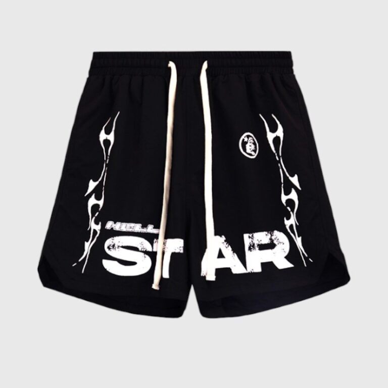 Hellstar Studios Records black star graphic shorts featuring a relaxed fit, drawstring waist, and distressed print.
