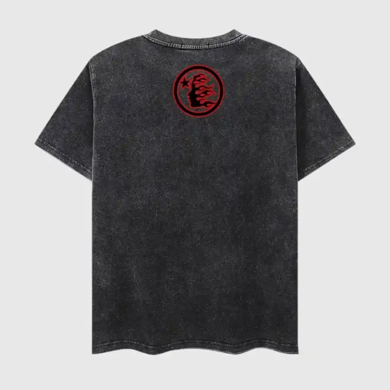 Back view of the vintage washed black Hellstar Studios Records unisex graphic T-shirt with a screen-printed design.