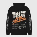 Back view of the Hellstar Studios Records black hoodie featuring white tour graphic print and sleeve flame detailing.