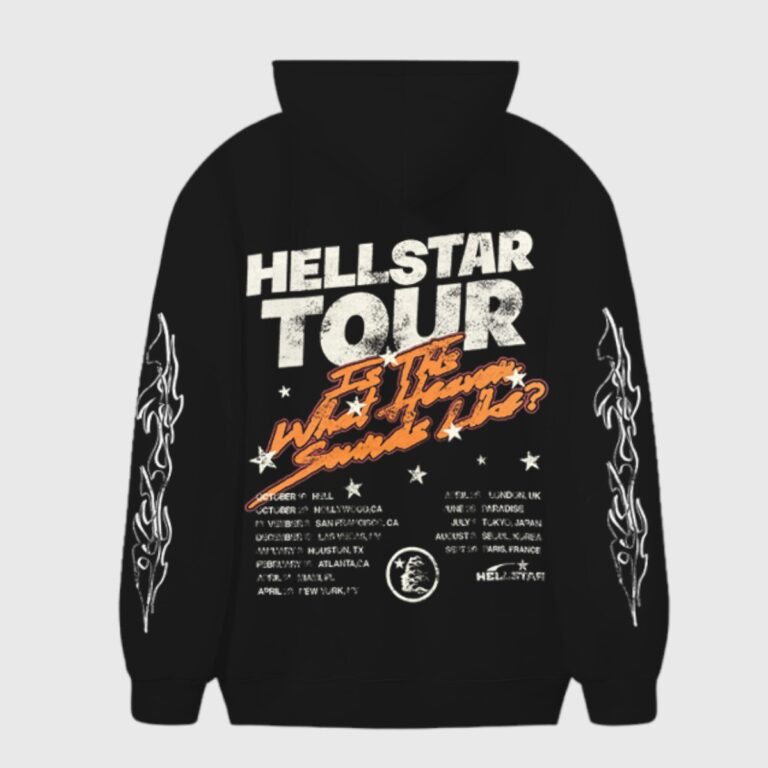 Back view of the Hellstar Studios Records black hoodie featuring white tour graphic print and sleeve flame detailing.