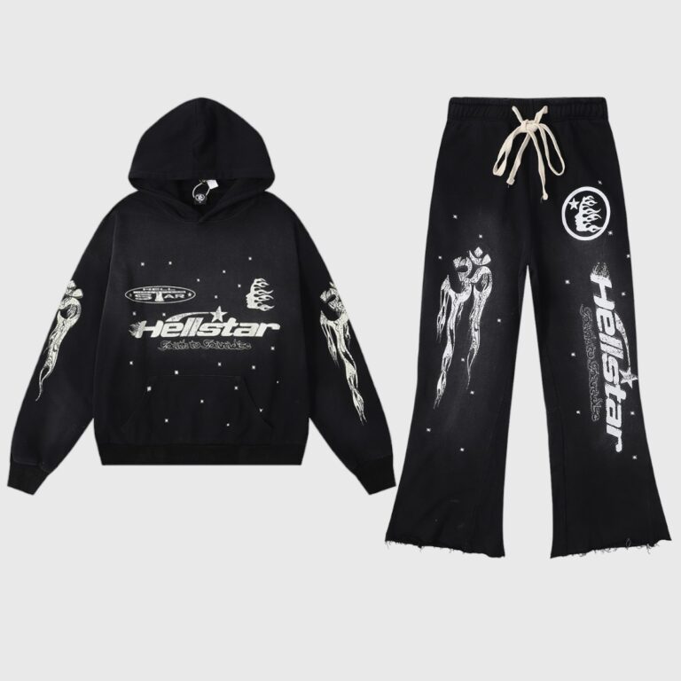 Hellstar Studios Records black vintage tracksuit featuring a hooded sweatshirt and matching graphic drawstring pants.