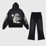 Back view of the Hellstar Studios Records black tracksuit featuring white flame and star graphic details.