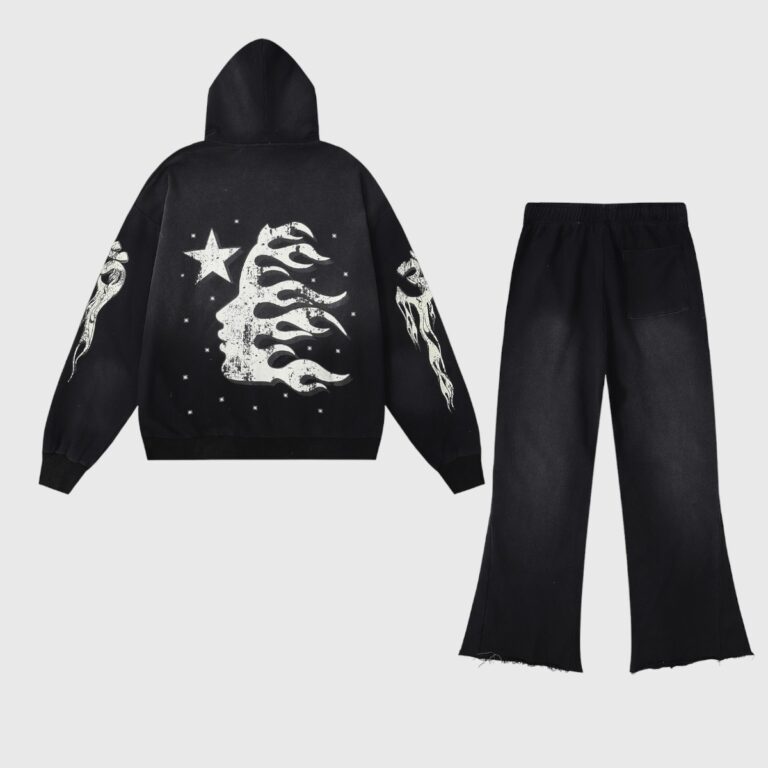 Back view of the Hellstar Studios Records black tracksuit featuring white flame and star graphic details.