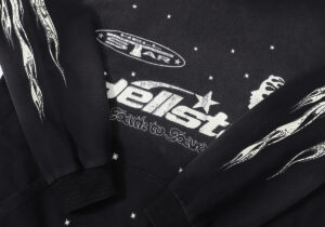 Hellstar Studios Records Tracksuit in black featuring vintage graphic logos and stars in a streetwear cotton design.