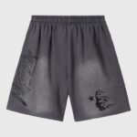 Hellstar Studios Records vintage washed jet black shorts featuring a signature graphic screen print and star design.