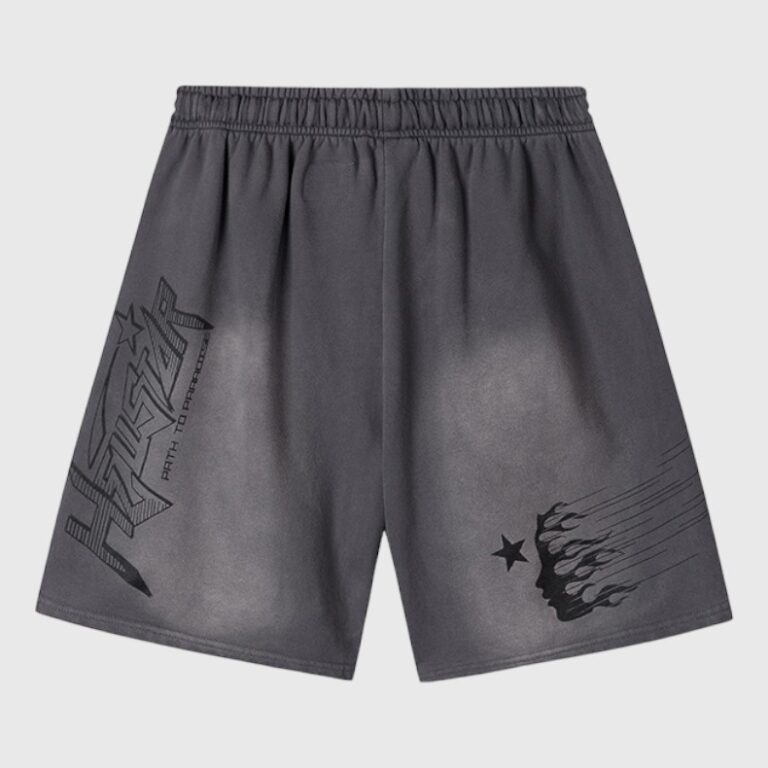 Hellstar Studios Records vintage washed jet black shorts featuring a signature graphic screen print and star design.