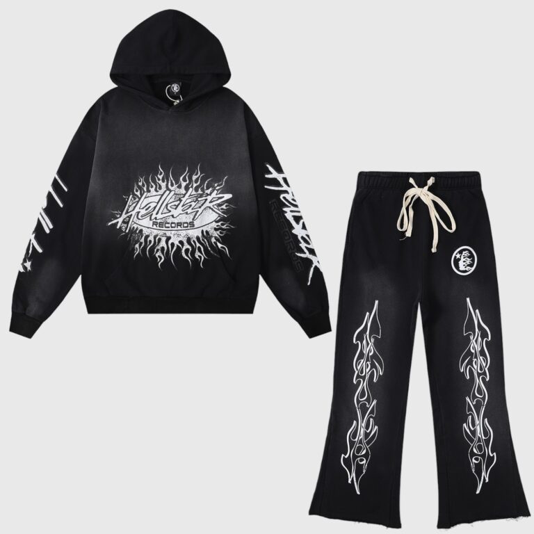 Hellstar Studios Records vintage black tracksuit featuring a hooded sweatshirt and matching pants with flame graphics.