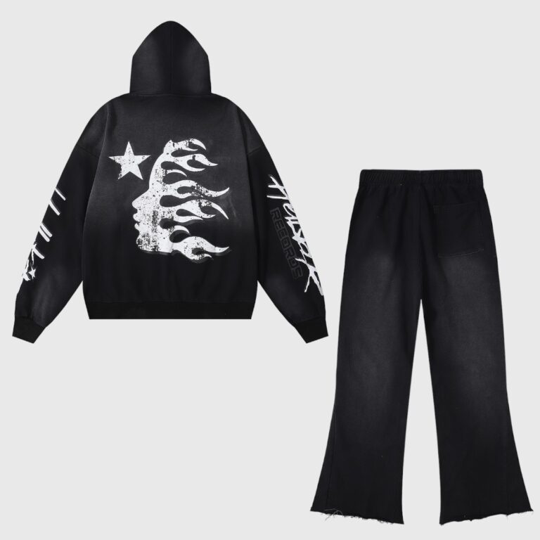 Hellstar Studios Records vintage black cotton tracksuit featuring a graphic hoodie and matching pants with flames.
