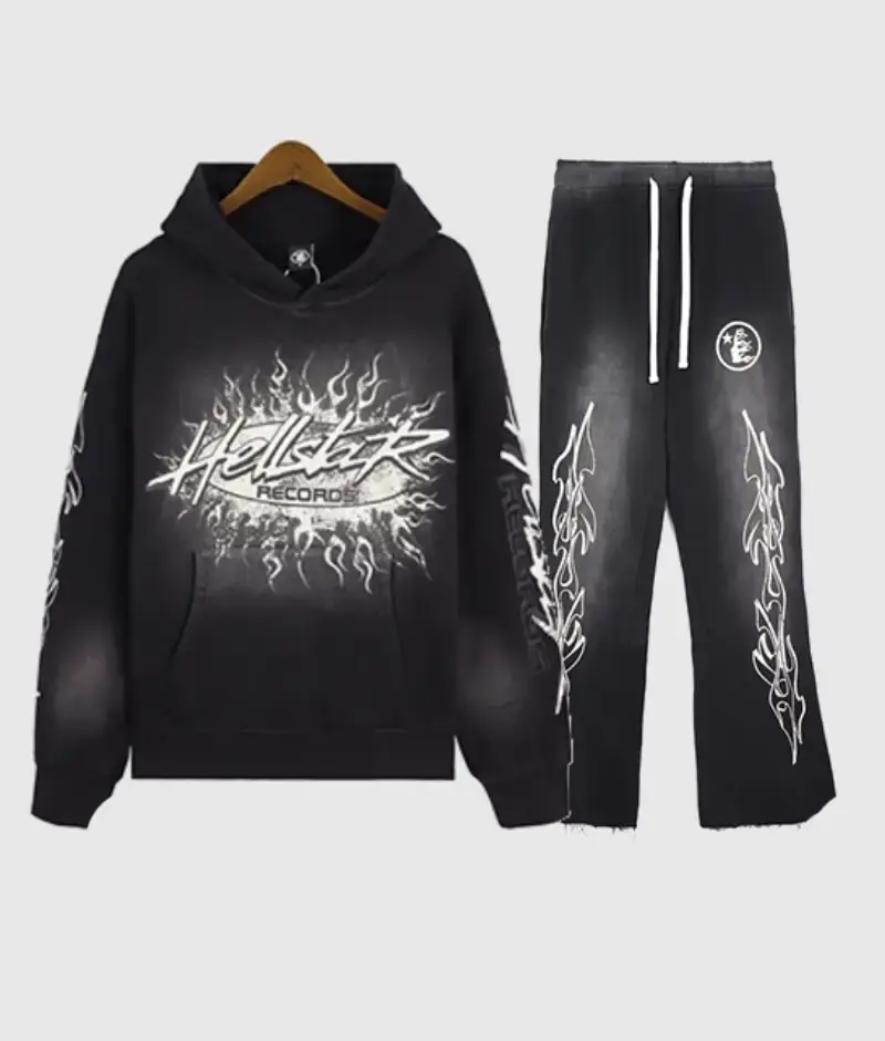 Black washed Hellstar Records tracksuit set with hoodie and matching sweatpants featuring white graphic flame designs