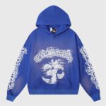 Hellstar Studios Records Yoga Hoodie in blue featuring an intricate white OM design and bold graphic streetwear branding.