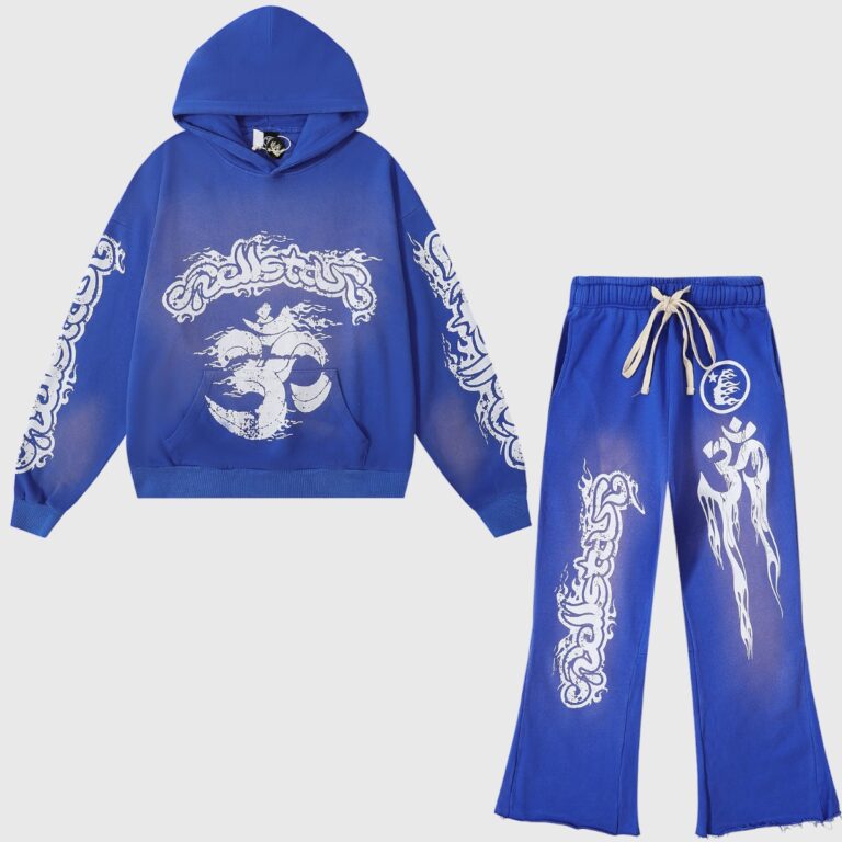 Hellstar Studios Records Yoga Tracksuit in blue with vintage wash, hoodie, and pants featuring unique white flame graphics.